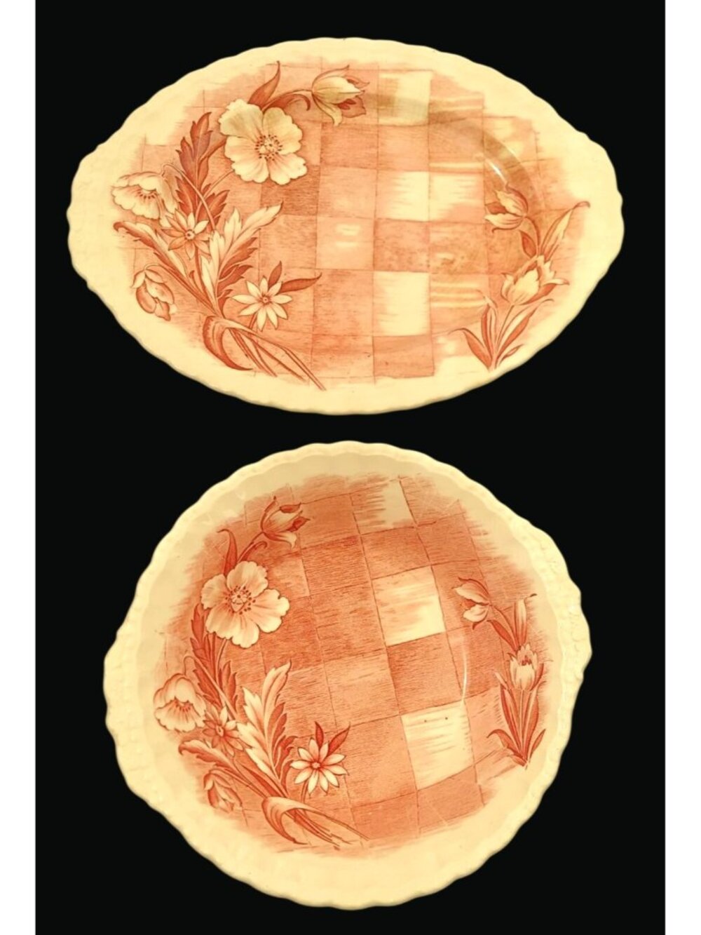 Grindley Trellis Oval Serving Bowls Red Floral Checkered Design - Set Of 2